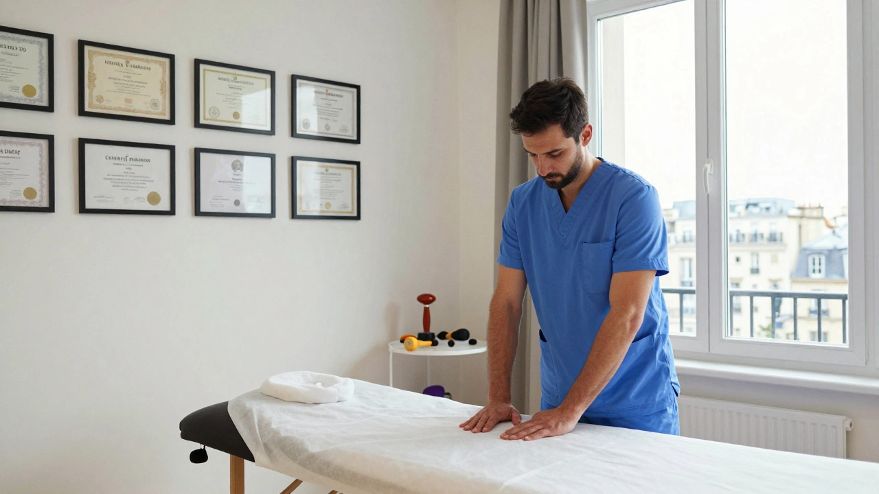 Thérapeute certifié dans une salle de traitement parisienne avec vue sur la Tour Eiffel.