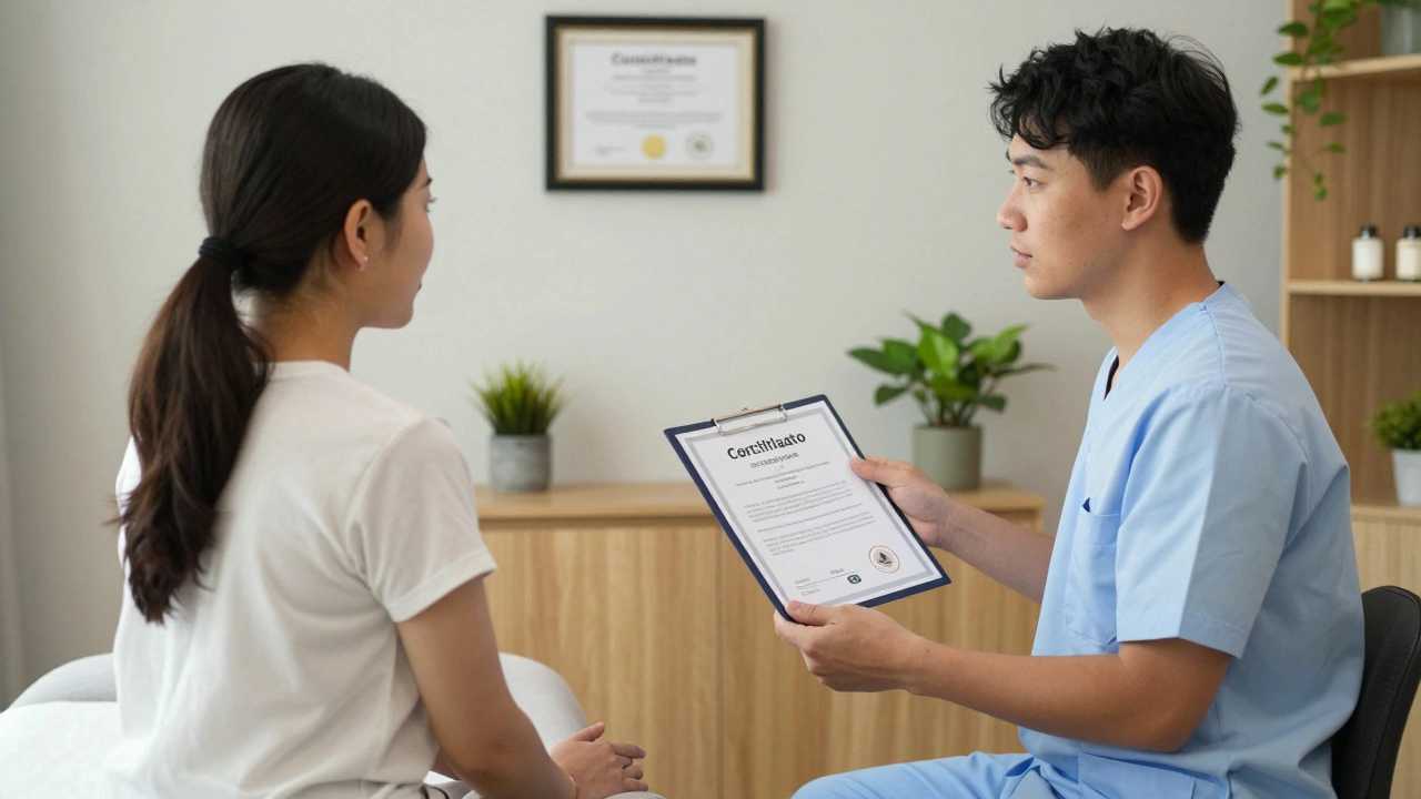 Thérapeute et client en discussion calme, vérification de certification, environnement professionnel et serein.