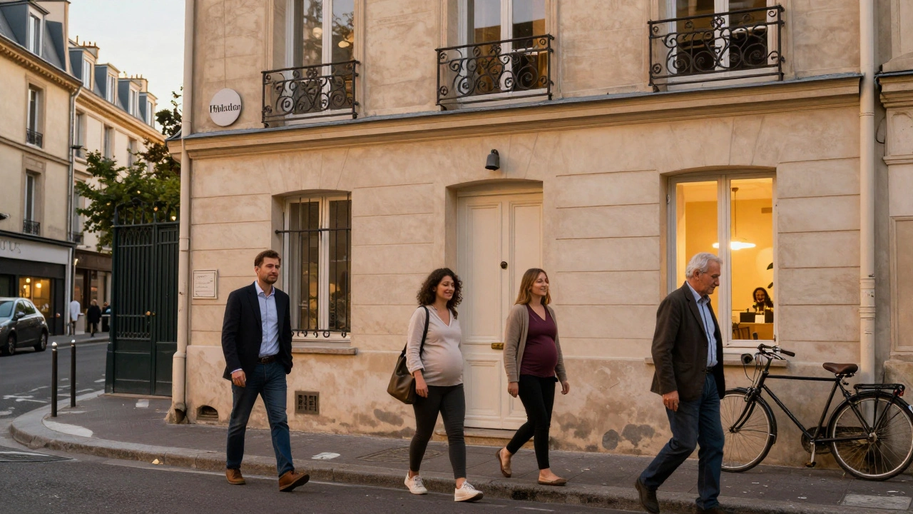 Trois personnes souriant en sortant d'un institut de bien-être discret dans un quartier résidentiel de Paris 17.