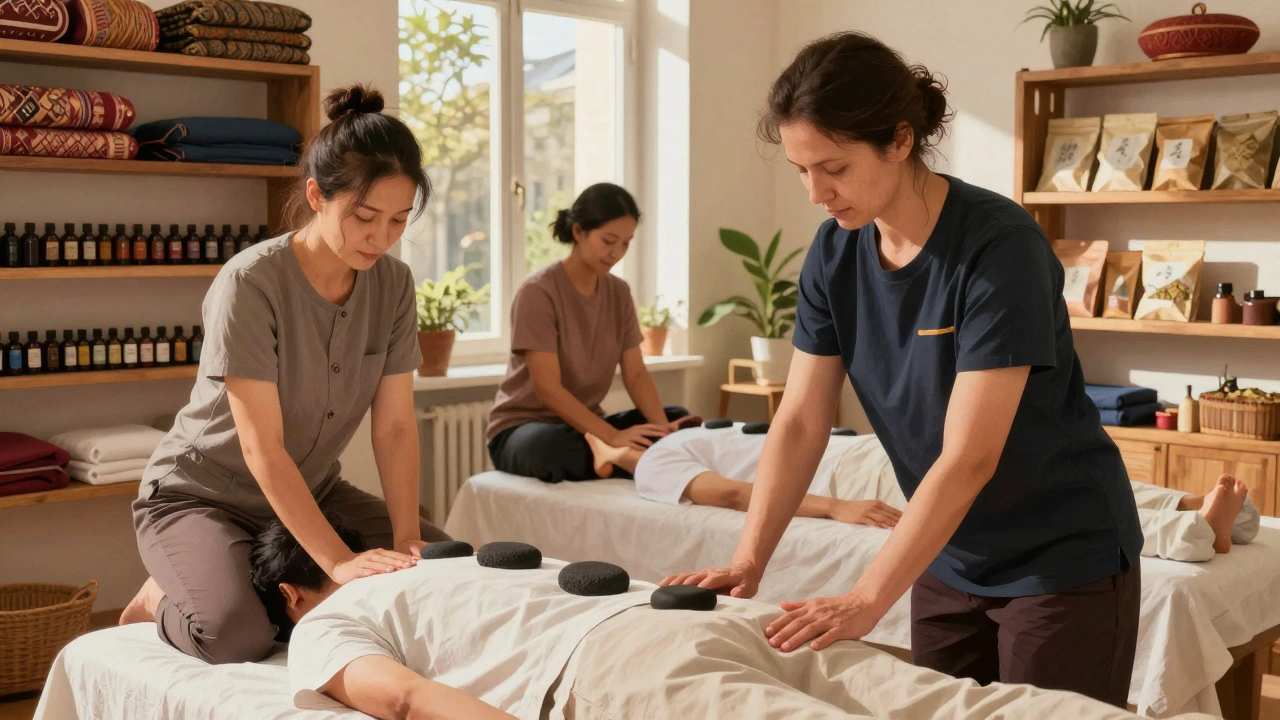 Trois praticiens en action : massage thaï, shiatsu et pierres chaudes, dans un atelier multiculturel à Paris 13.