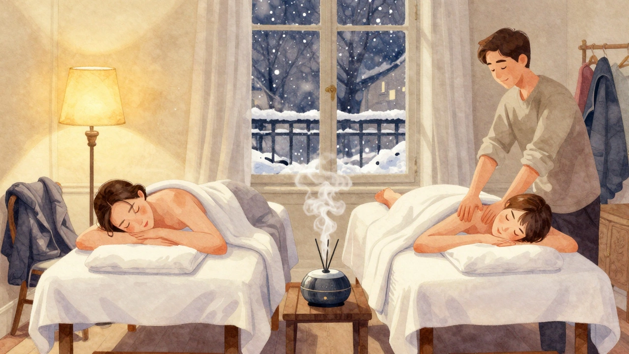 Un couple profite d'un massage en couple dans leur chambre, dans une ambiance calme et chaleureuse à Paris.