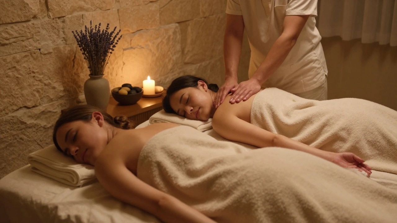 Un couple relaxant côte à côte dans une chambre de spa, un masseur les soigne en douceur.