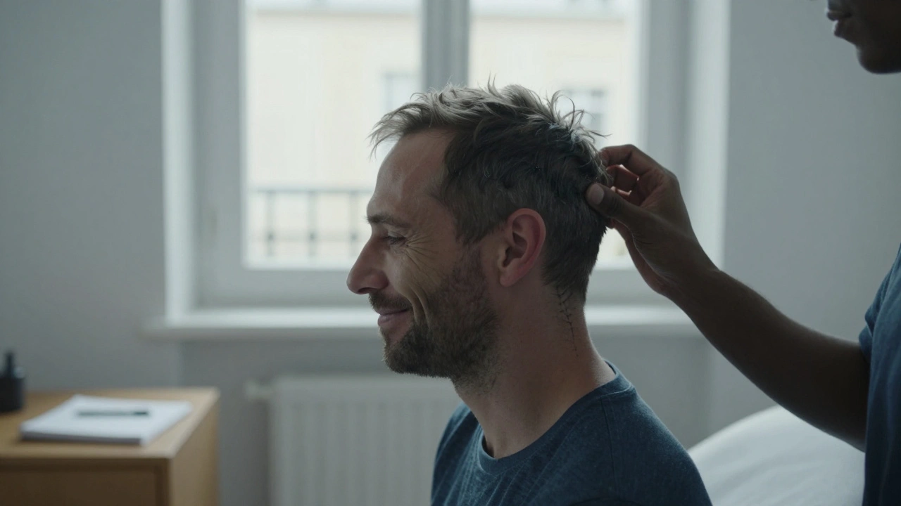 Un homme relaxé, les mains sur les genoux, pendant un massage crânien précis sur les tempes et la nuque.