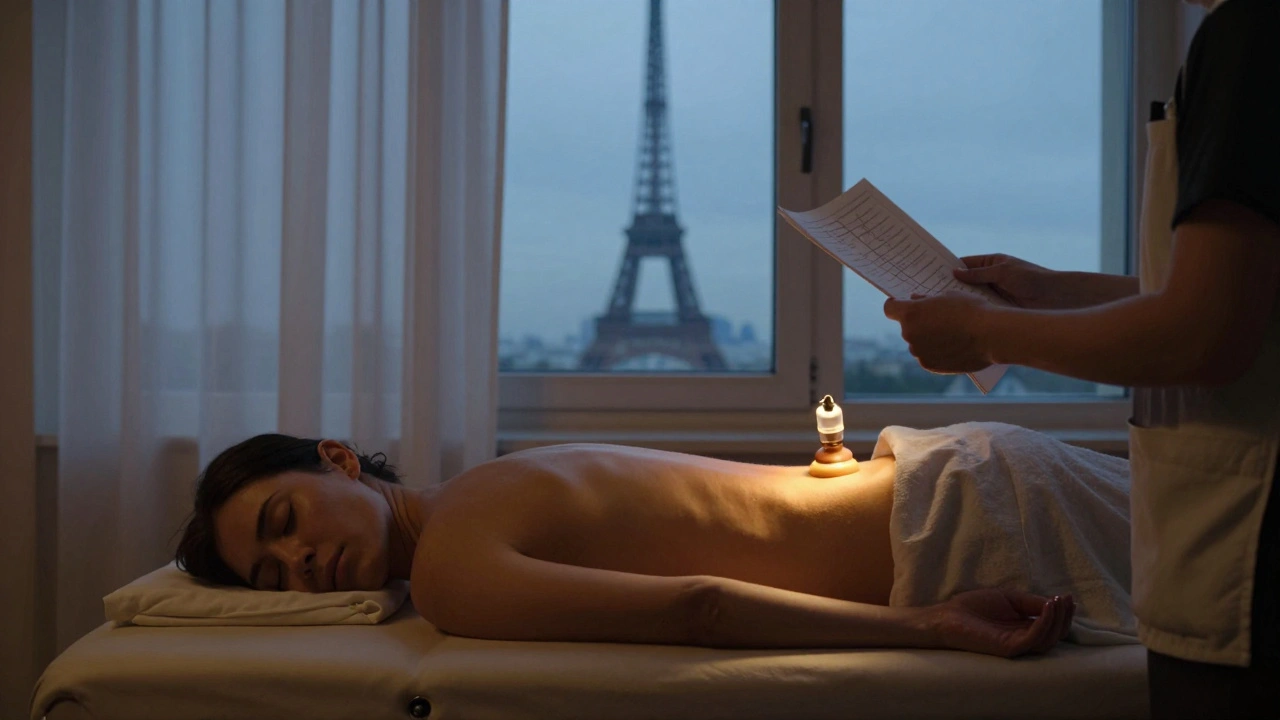 Un patient en détente profonde après un massage chinois, avec une douce lumière dorée sur le bas du dos.