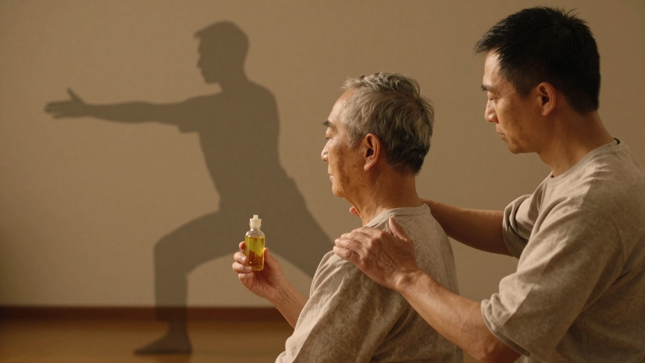 Un praticien pose une main en silence sur l'épaule d'une personne âgée, entouré d'huiles naturelles, symbolisant la finesse du massage avancé.