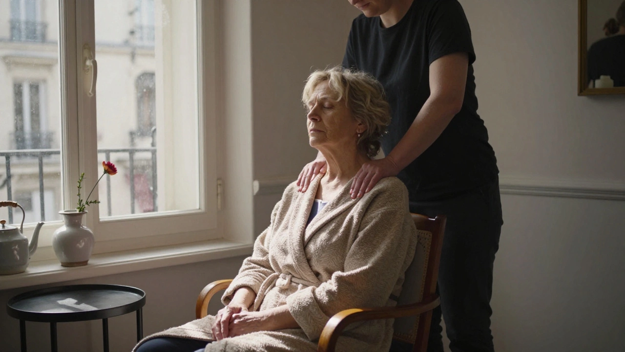 Une personne âgée recevant un massage assis dans un petit studio du 18e arrondissement, lumière naturelle et ambiance calme.