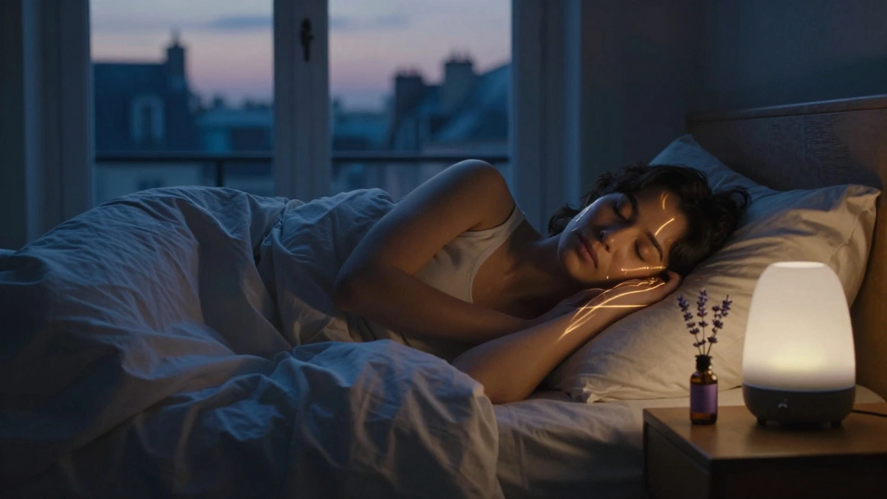 Une personne détendue au lit à Paris, avec une bouteille d'huile de lavande sur la table de nuit et une diffuseur diffusant une lumière douce.