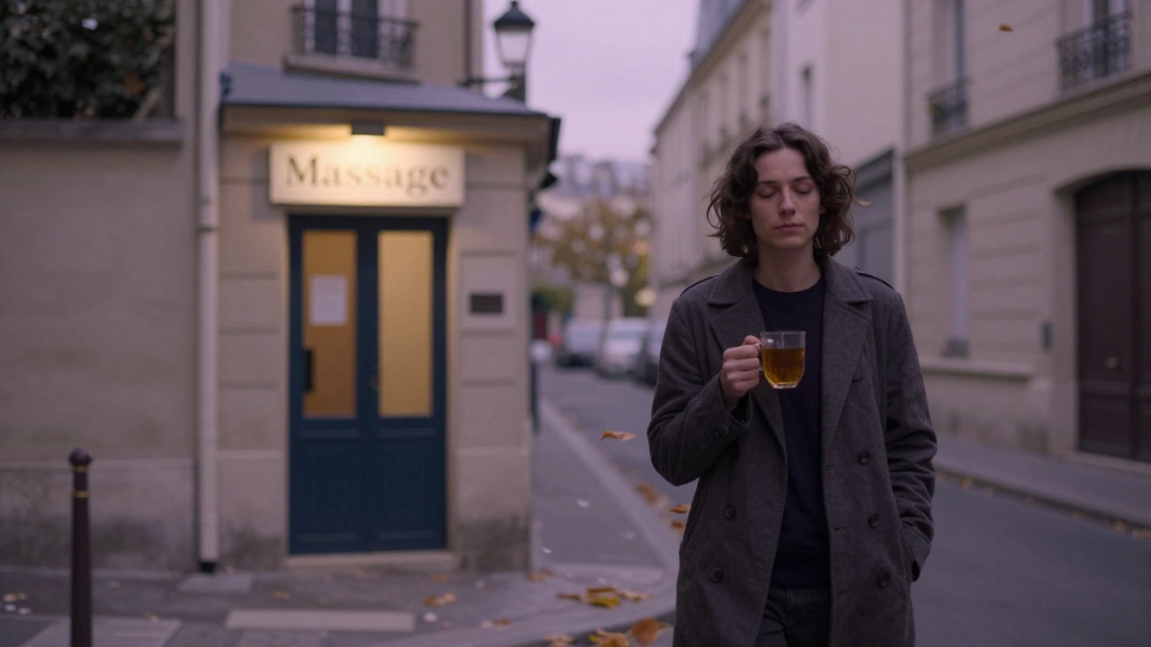 Une personne marchant paisiblement dans une ruelle à Paris 13 après un massage, tenant une tasse de thé à la menthe.