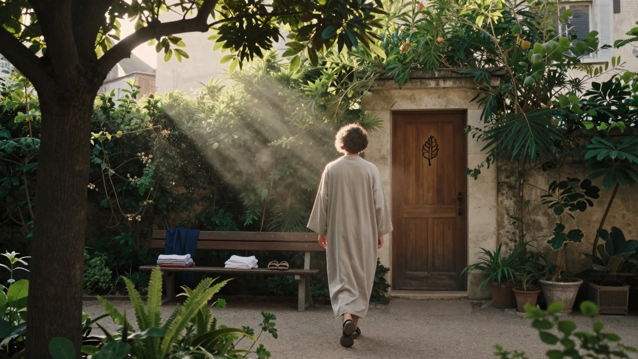 Une personne marchant vers une porte discrète dans un jardin parisien, robe ouverte, vêtements posés sur un banc, lumière matinale filtrant à travers les arbres.