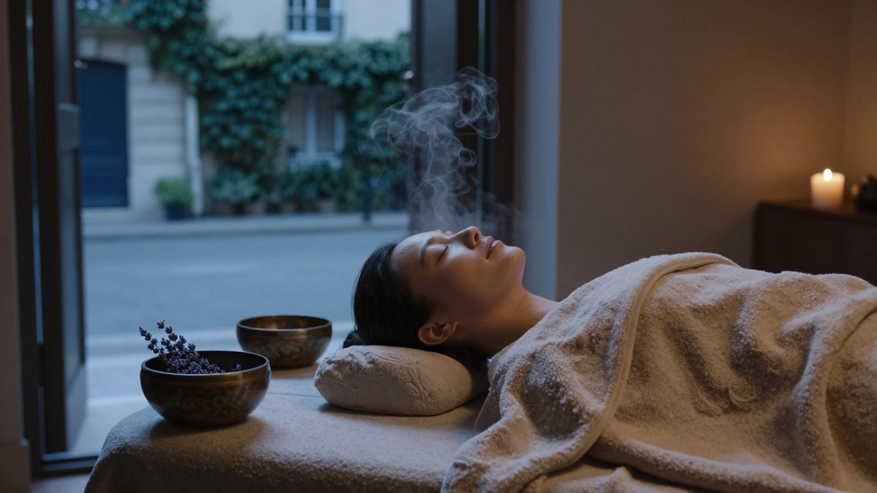 Une personne reposant après un massage, enveloppée dans une couverture, entourée de vapeur douce et de lumière tamisée, dans un spa parisien apaisant.