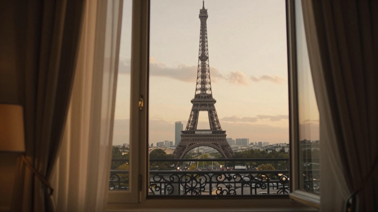Vue de la fenêtre d'un salon de massage sur la Tour Eiffel au coucher du soleil.