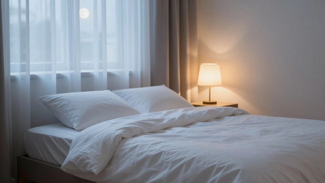Chambre paisible éclairée par la lune préparée pour un sommeil réparateur.