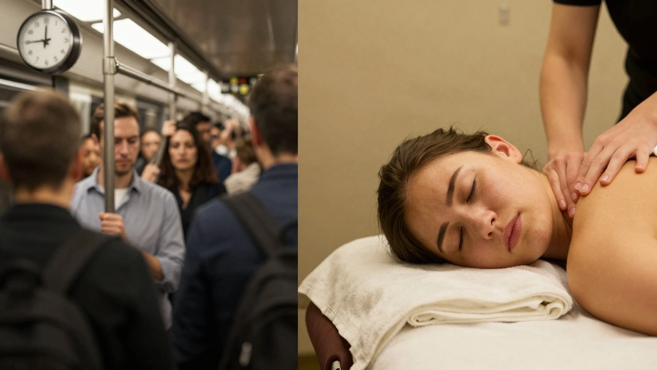 Contraste entre le métro bondé et une personne apaisée après un massage, symbolisant la transition du stress à la sérénité.