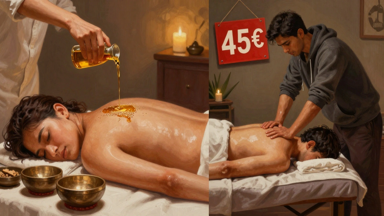 Contraste entre un massage ayurvédique authentique et une pratique douteuse, illustrant les risques des tarifs trop bas à Paris.