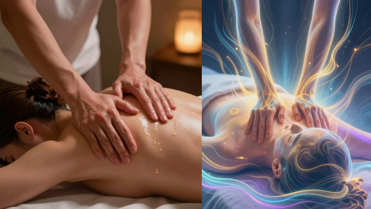 Contraste visuel entre un massage traditionnel avec pression musculaire et un massage énergétique avec mains suspendues et lumières aurores.
