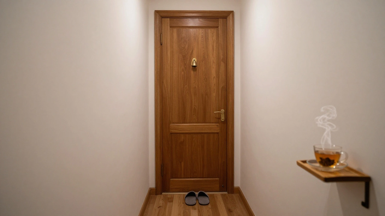 Couloir discret d'un espace bien-être à Paris, porte en bois, clochette, et tasse de tisane sur un plateau.