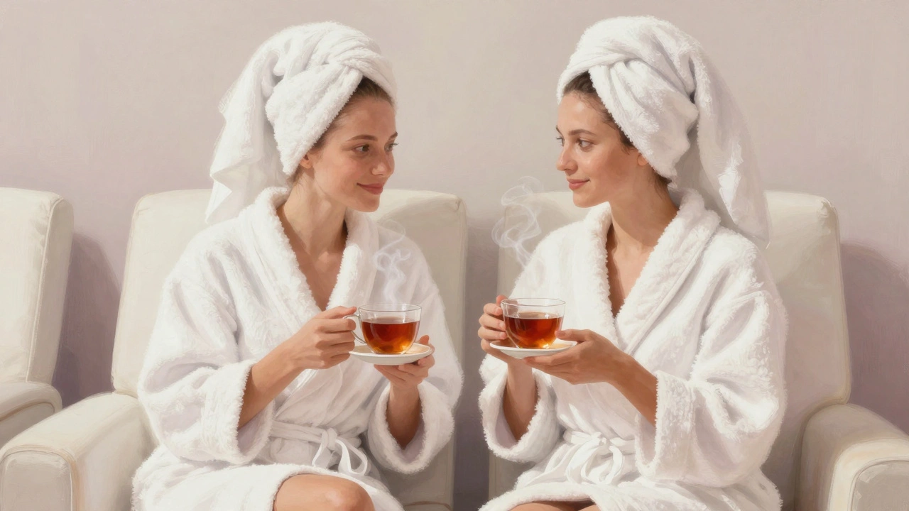 Couple détendu en peignoir tenant des tasses de thé dans un salon de bien-être.