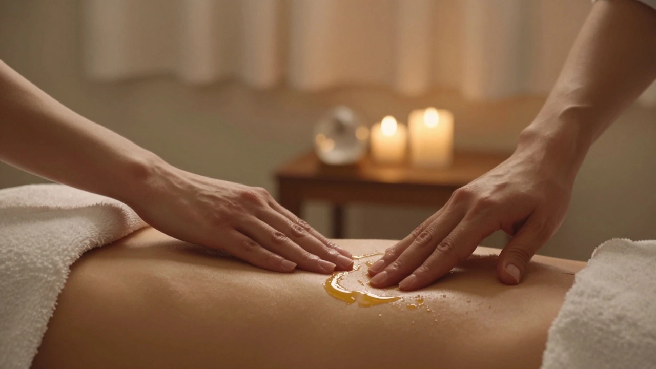 Des mains appliquant doucement de l'huile chaude sur le ventre, lumière tamisée et ambiance sereine.