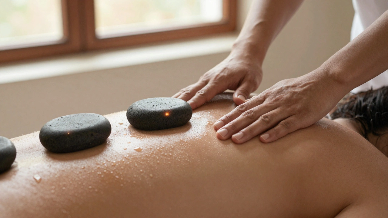 Des pierres chaudes glissent lentement sur le dos nu d'une personne, émettant une chaleur apaisante dans une lumière douce.