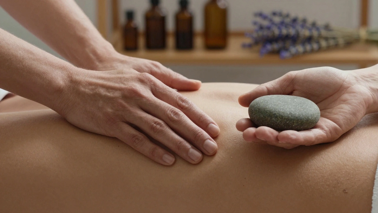Deux mains posées sur une épaule nue, une pierre chaude entre elles, lumière dorée et ambiance thérapeutique.