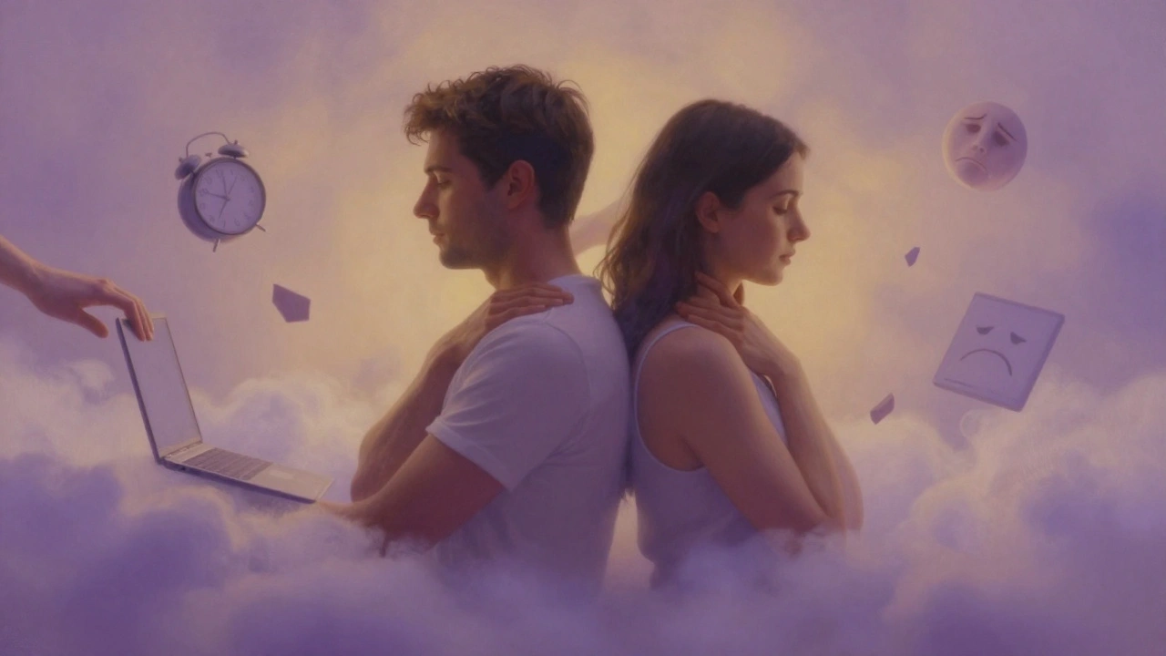 Deux personnes recevant un massage apaisant, leurs corps se transformant en nuages de lumière, tandis que le stress environnant disparaît.