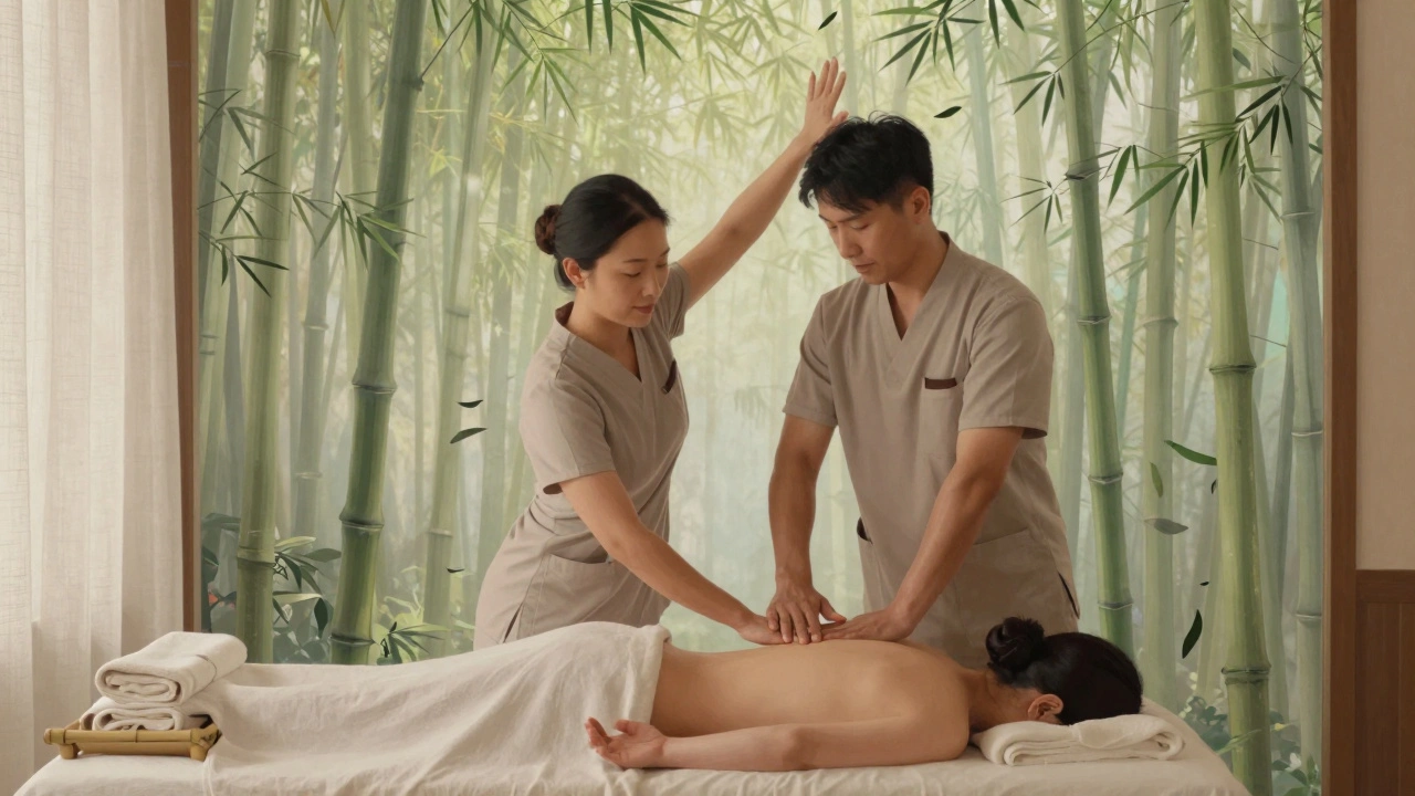 Deux thérapeutes massent en synchronisation, entourés d'une projection d'une forêt de bambou et de sons apaisants.
