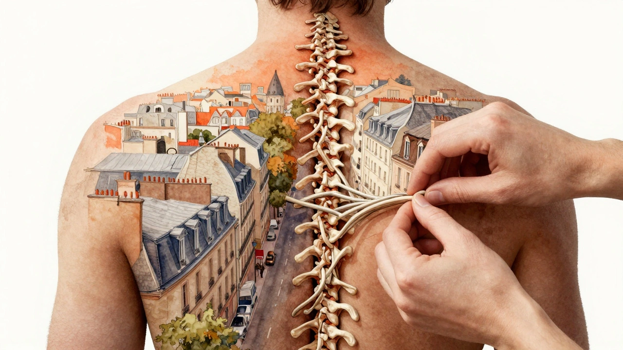 Dos humain stylisé comme un paysage parisien, dénoué par des mains expertes, en aquarelle douce.