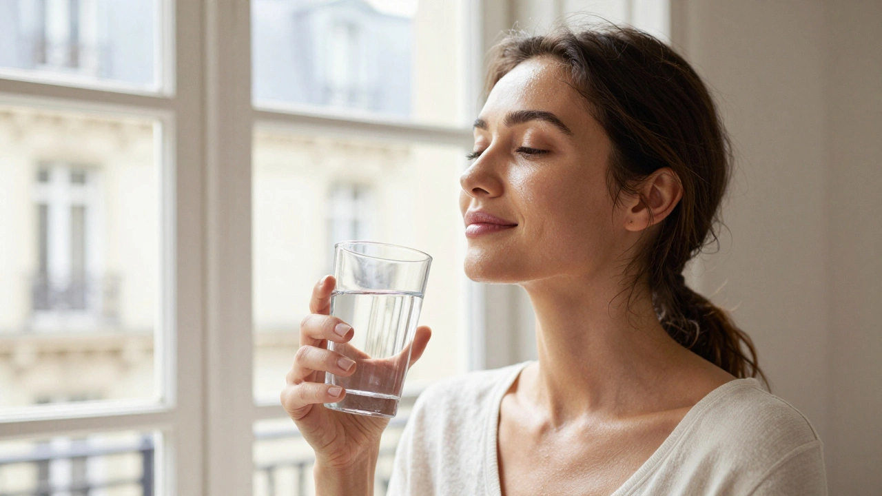 Femme relaxée tenant un verre d'eau près d'une fenêtre ensoleillée.