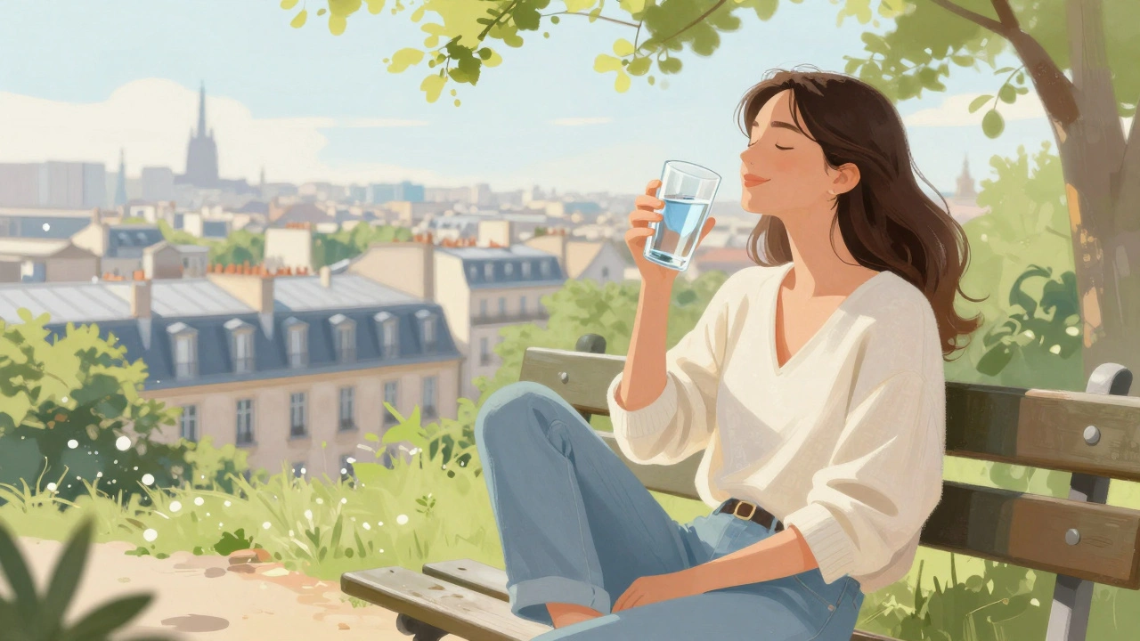 Femme sereine buvant de l'eau sur un banc de parc parisien