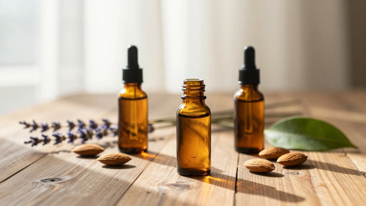 Huiles biologiques en verre ambré parmi herbes naturelles sur du bois.