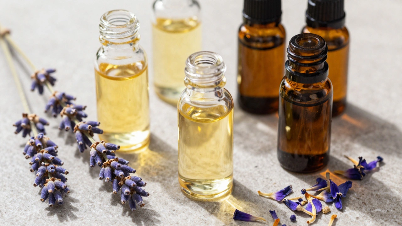 Huiles essentielles et plantes aromatiques sur pierre naturelle, gros plan.