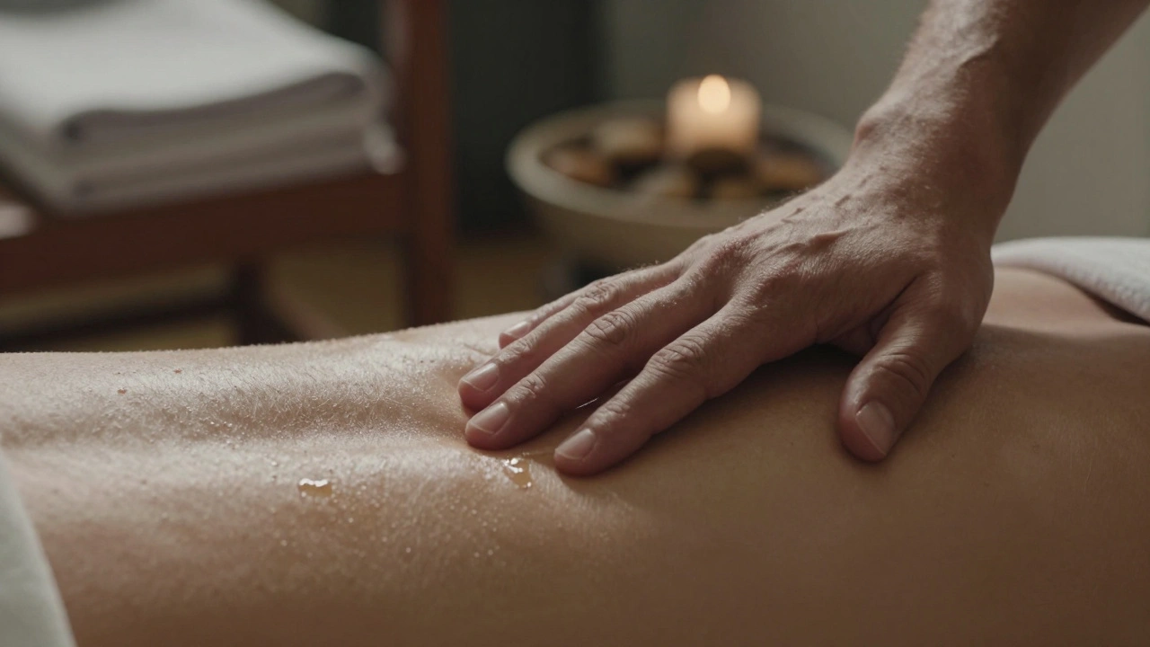 Main posée sur un dos nu, huile brillante, lumière douce — un moment de contact profond et paisible sans vêtements.