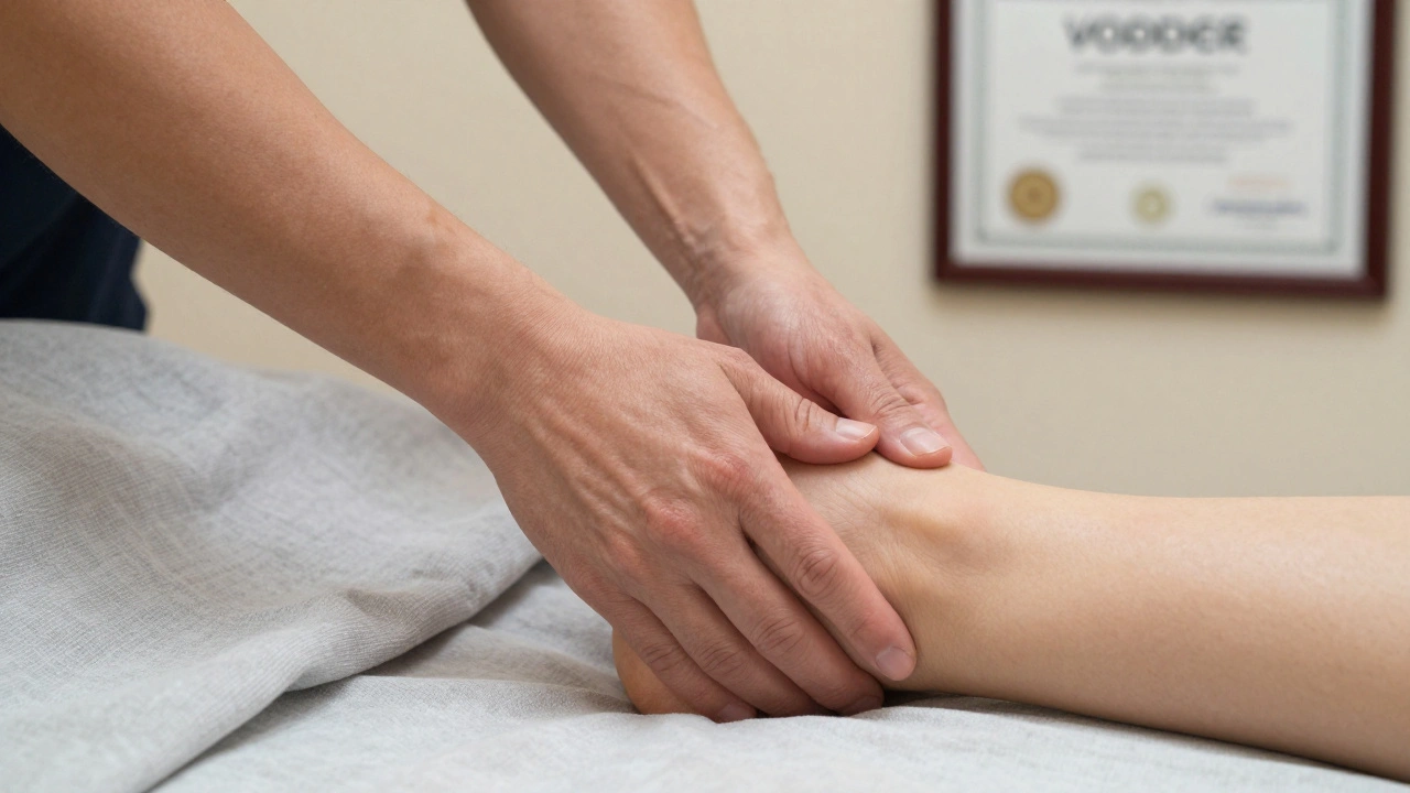 Mains expertes appliquant la technique Vodder sur la cheville d’un patient, avec précision et douceur.