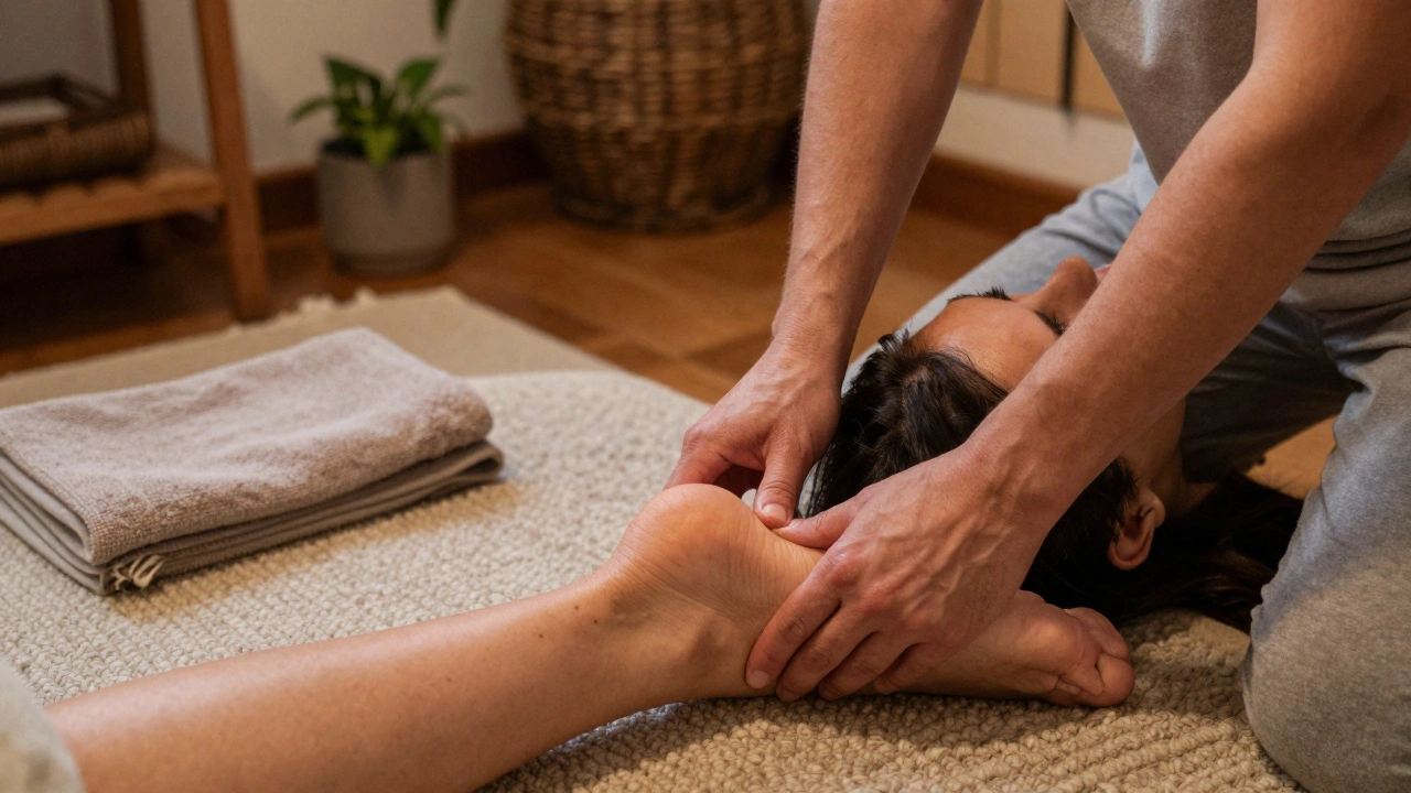 Mains expertes appliquant un shiatsu sur les pieds et le cuir chevelu dans un atelier chaleureux et minimaliste.