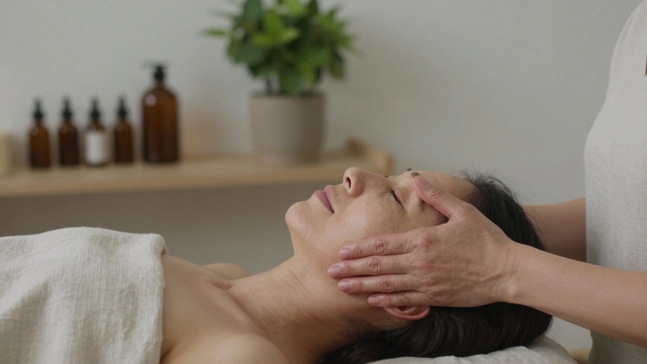 Mains expertes massant le crâne et le visage d'une femme, dans une pièce épurée, sans décor superflu, à Paris 15.