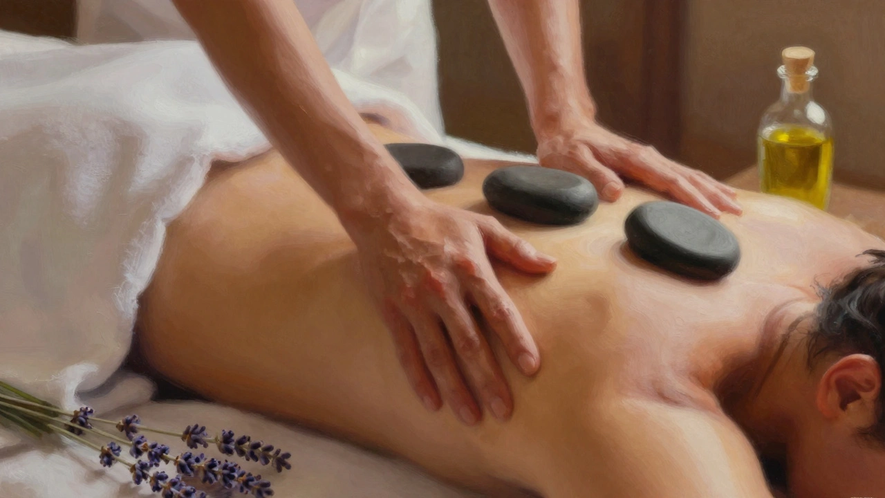 Mains pratiquant un massage Lomi-Lomi avec pierres chaudes, huile et lavande, ambiance chaleureuse et fluide.