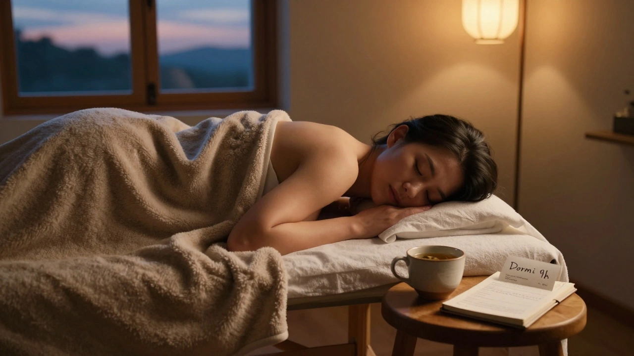 Personne réveillée après un massage, enveloppée dans une couverture, calme et reposée, dans un espace apaisant.