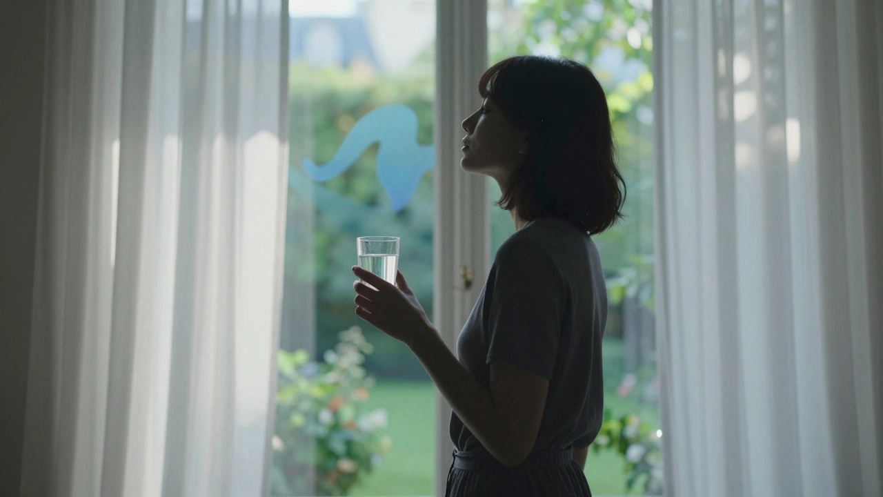 Personne tenant un verre d'eau près d'une fenêtre ensoleillée vue jardin.