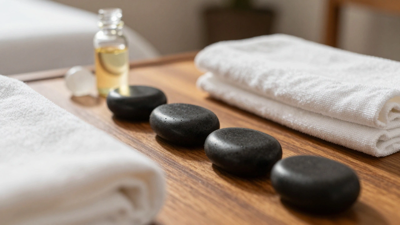 Pierres chaudes et huiles essentielles disposées sur du linge blanc pour le spa.
