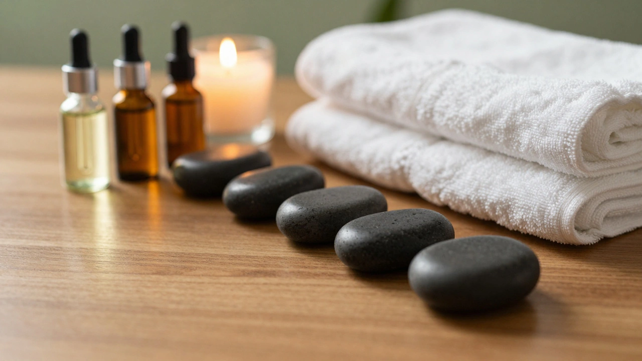 Pierres chaudes et huiles essentielles disposées sur un linge de spa propre.