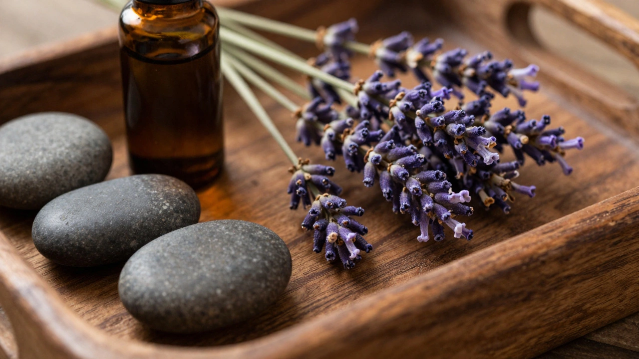 Pierres lisses et huiles essentielles disposées sur un plateau en bois.
