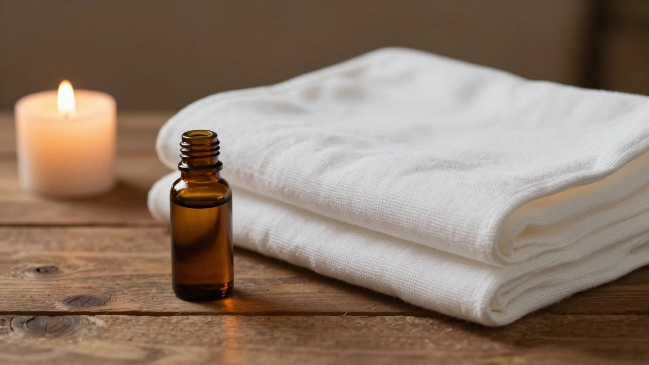 Plateau de soin blanc et huile essentielle en lumière douce