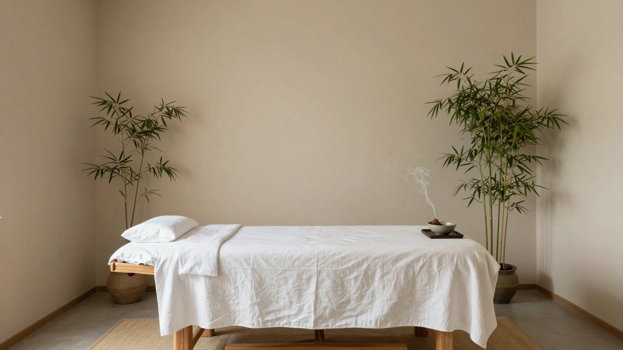 Salle de soin zen avec draps blancs et plantes vertes intérieures.