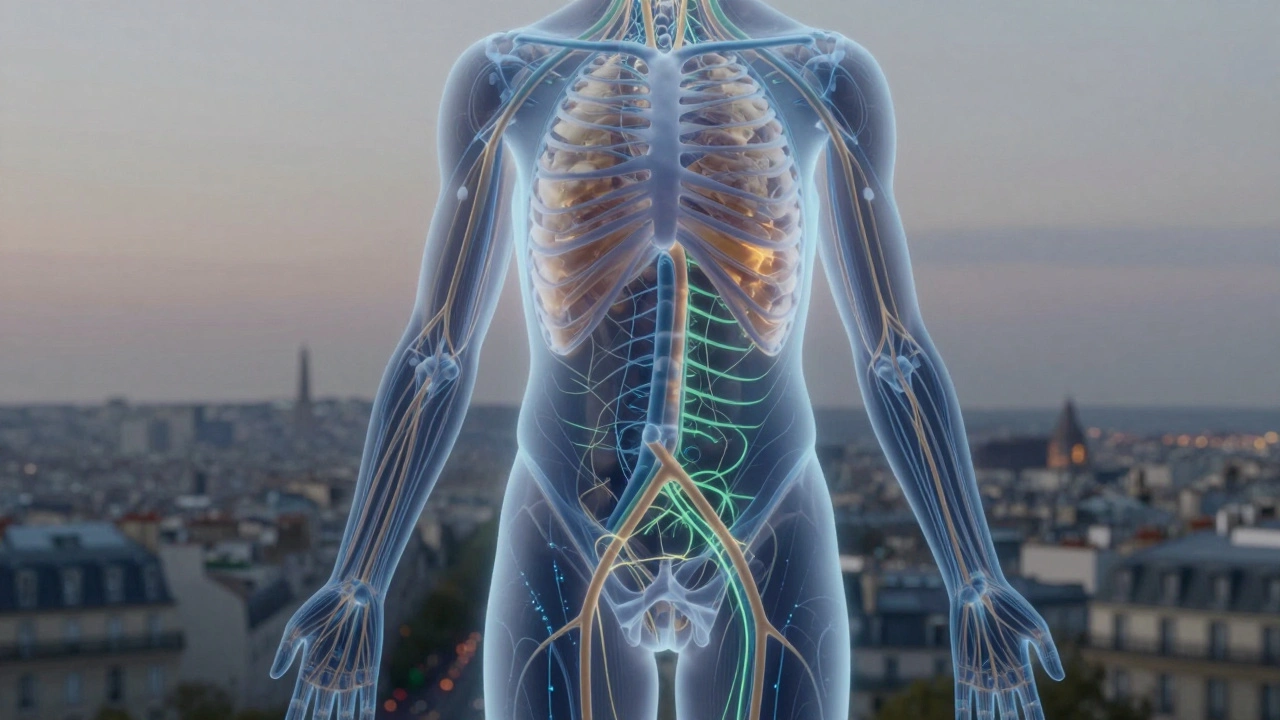 Schéma artistique du corps humain montrant les voies lymphatiques, les points myofasciaux et les signaux nerveux en couleurs douces.