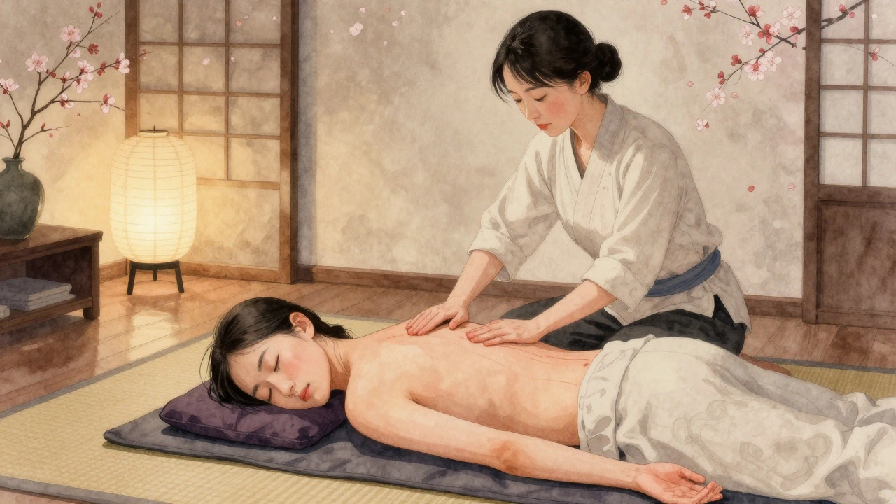 Séance de shiatsu en position assise, avec pression des mains sur les méridiens énergétiques, dans un cadre apaisant à Paris.