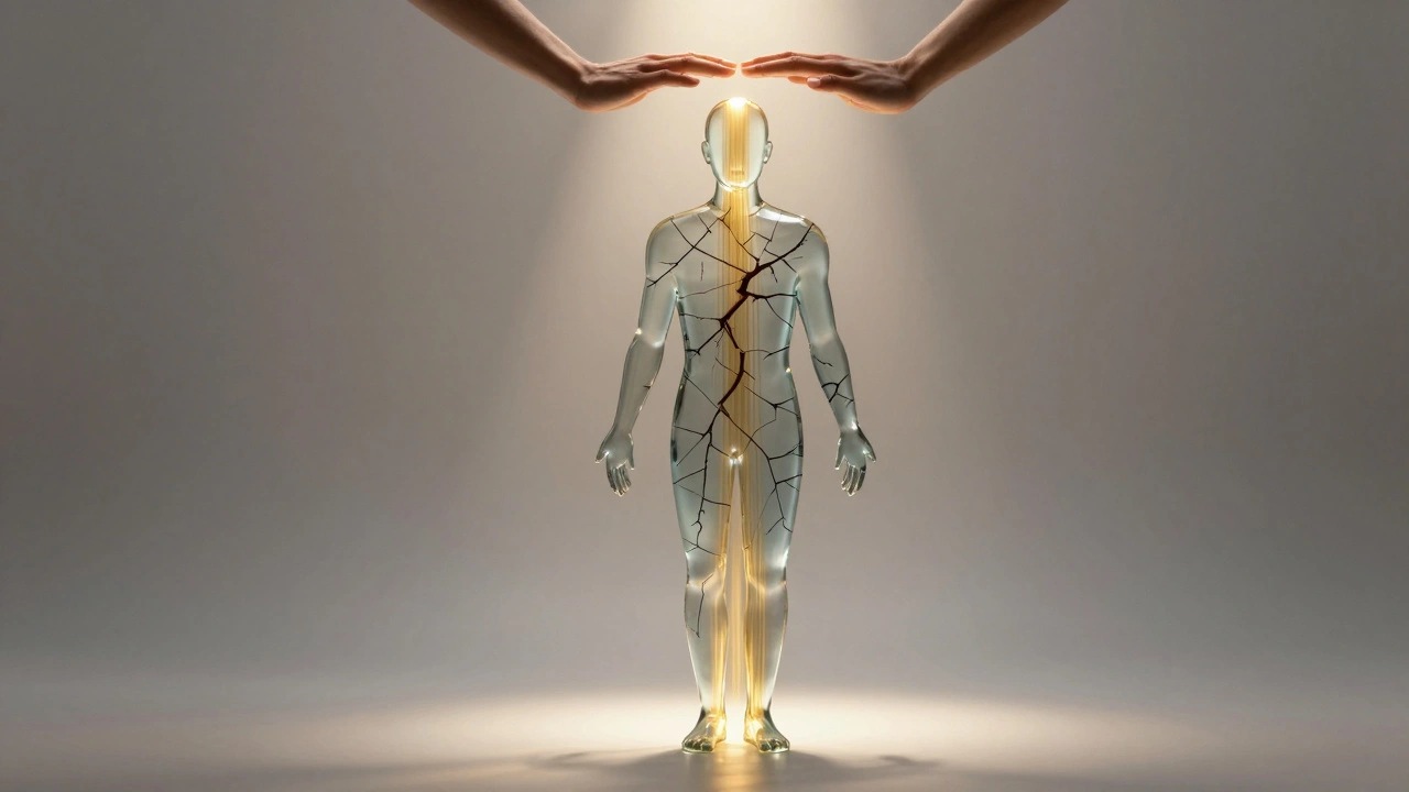 Silhouette humaine translucide avec ombres de blocages émotionnels d'un côté et lumière dorée montante de l'autre, guidée par des mains flottantes.