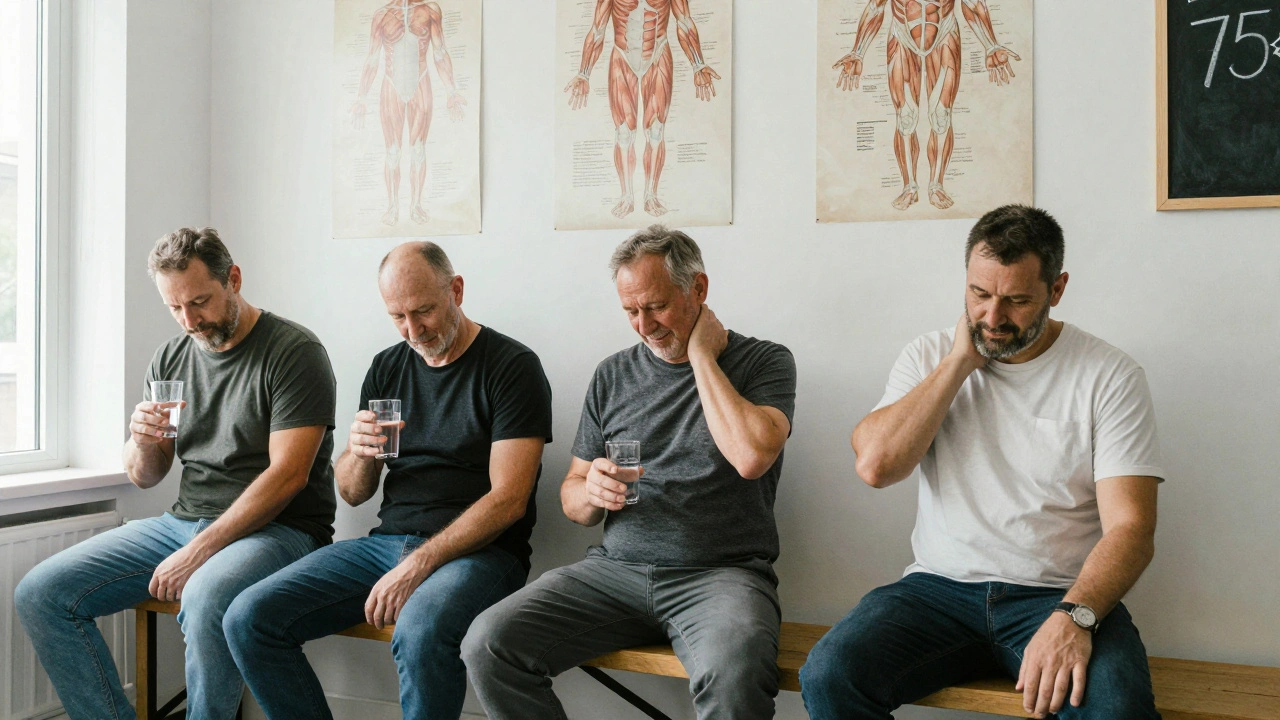 Trois hommes détendus dans une salle d'attente simple après un massage, tenant un verre d'eau, dans un salon familial à Belleville.