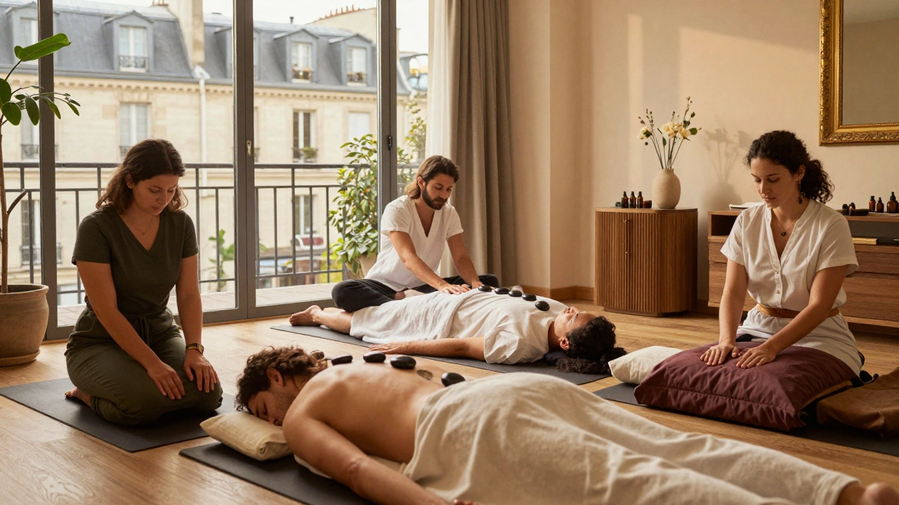 Trois types de massages à Paris : thaïlandais, aux huiles essentielles et aux pierres chaudes, dans des ambiances différentes.