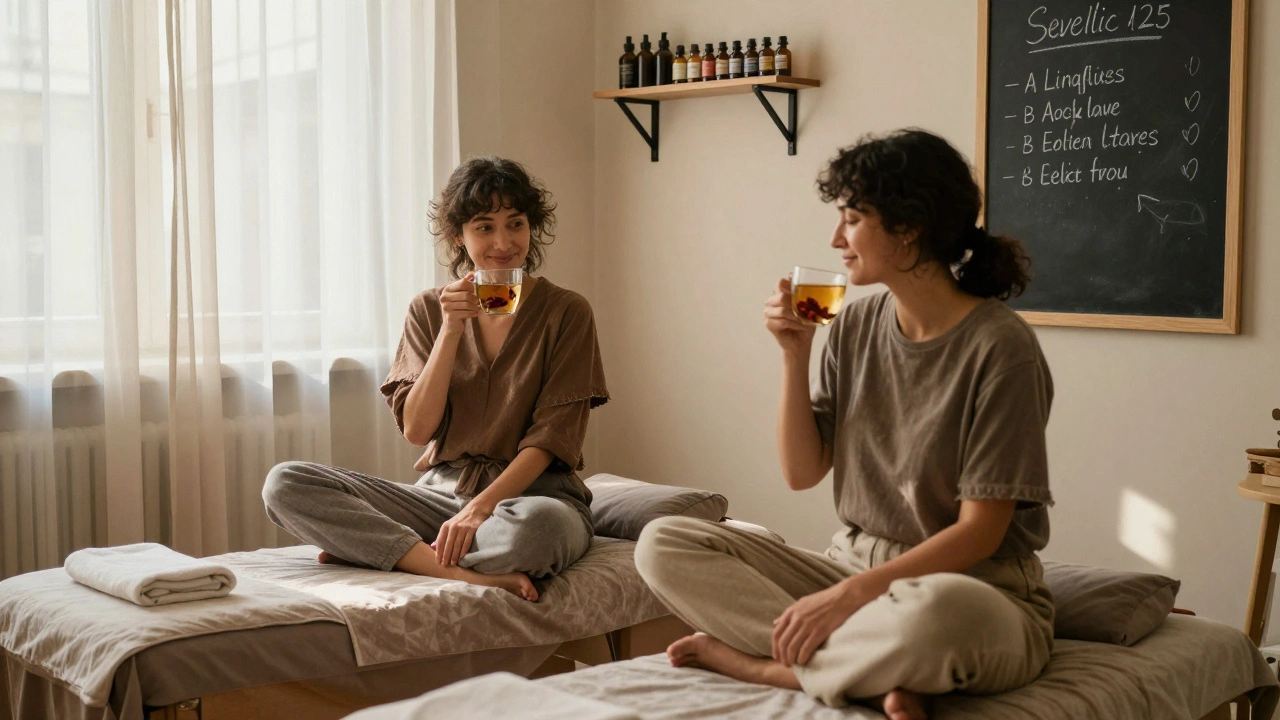 Two clients sipping tea quietly after a massage, in a peaceful, plant-filled studio in Paris 12.