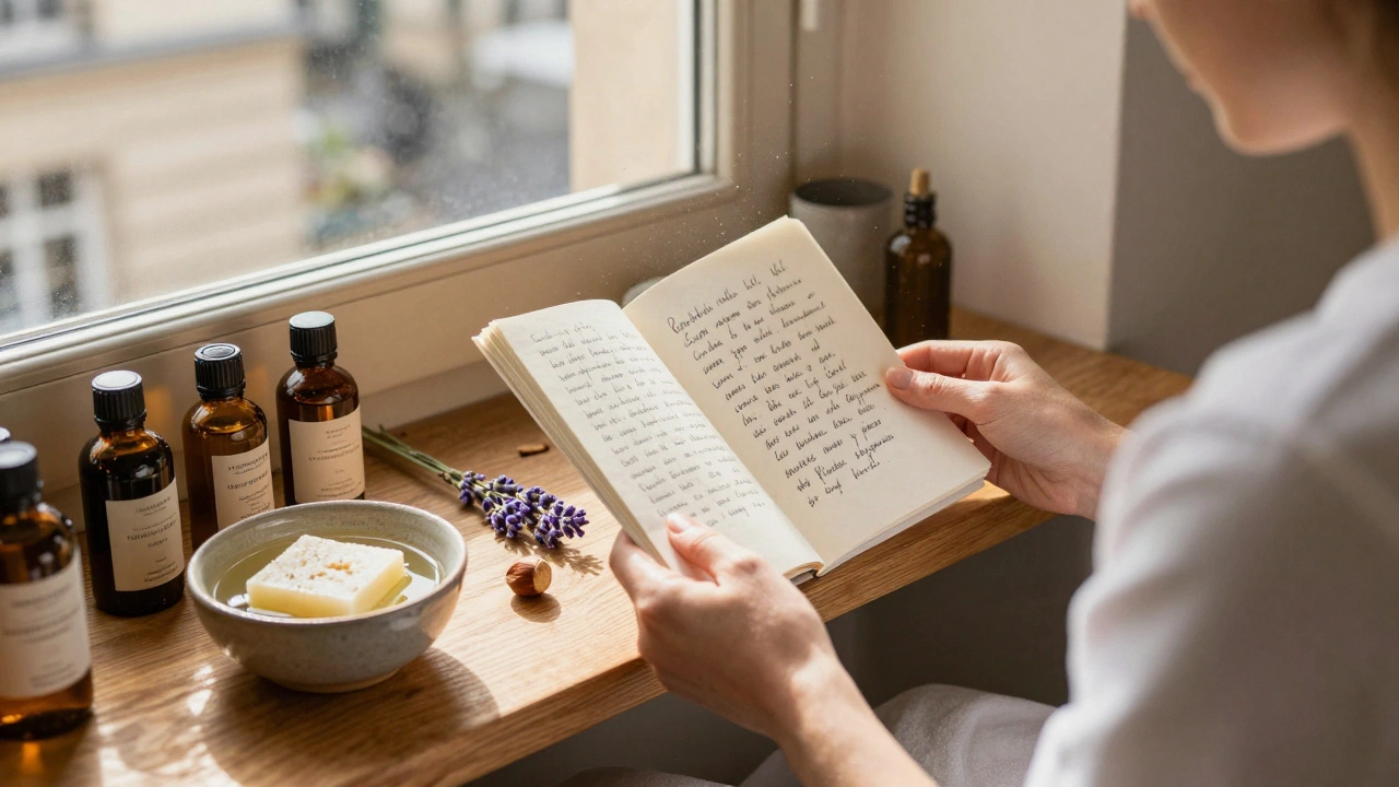 Un client reçoit un massage bio dans un petit spa parisien, tenant un carnet détaillant l'origine locale de l'huile utilisée.